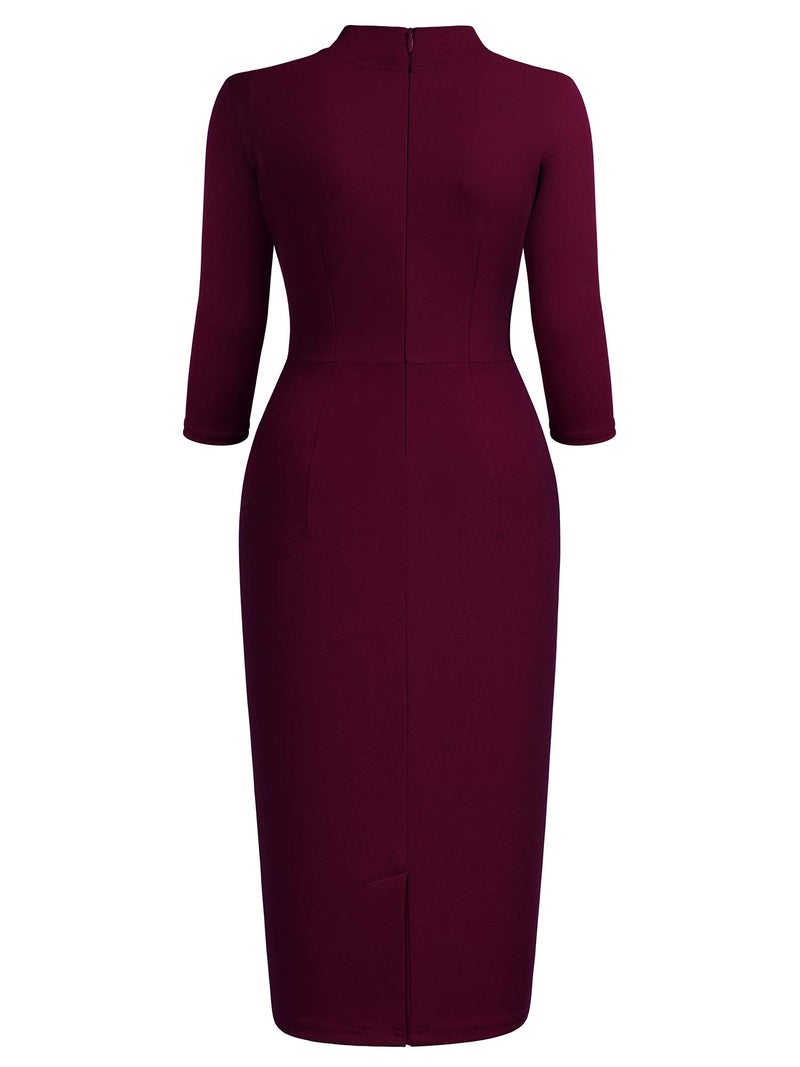 Miusol Women's Retro Half Collar Ruffle 2/3 Sleeve Cocktail Pencil Dress(Medium, Burgundy) - Image 4